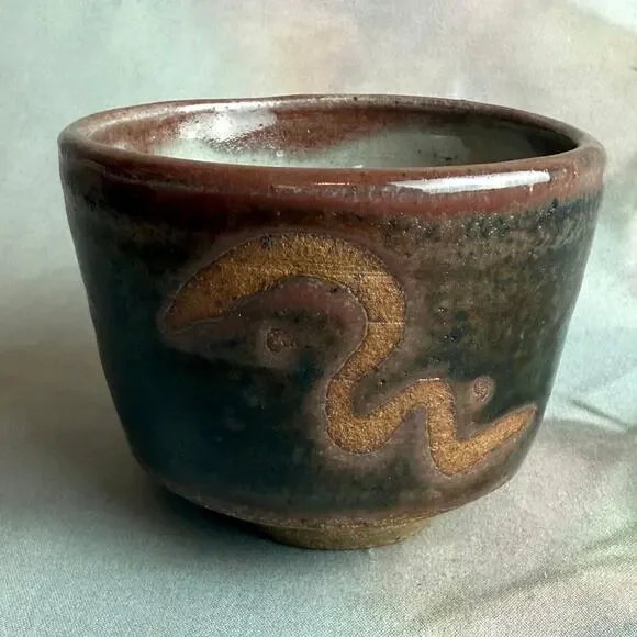 Vintage MCM Japanese Style Artisan Tea-Ware Stoneware Three Tea Cups & Bowl